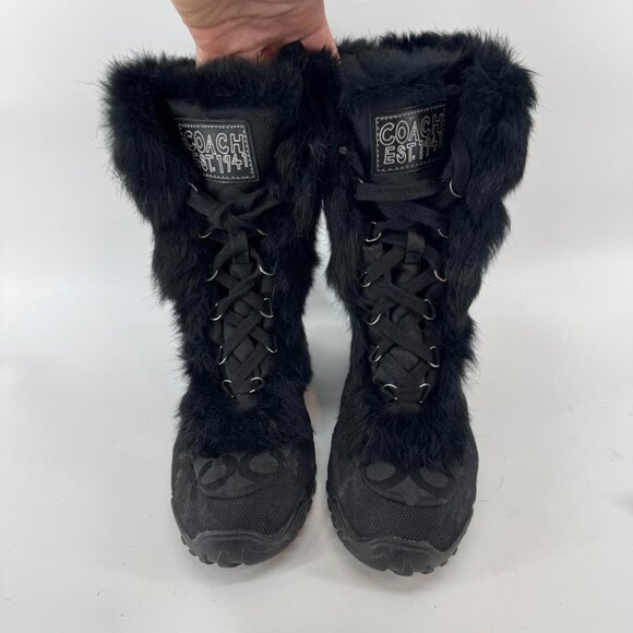 Coach Jennie Women’s Black Faux Fur Logo Snow Boots Size 7.5B Winter Warm - Picture 2 of 3
